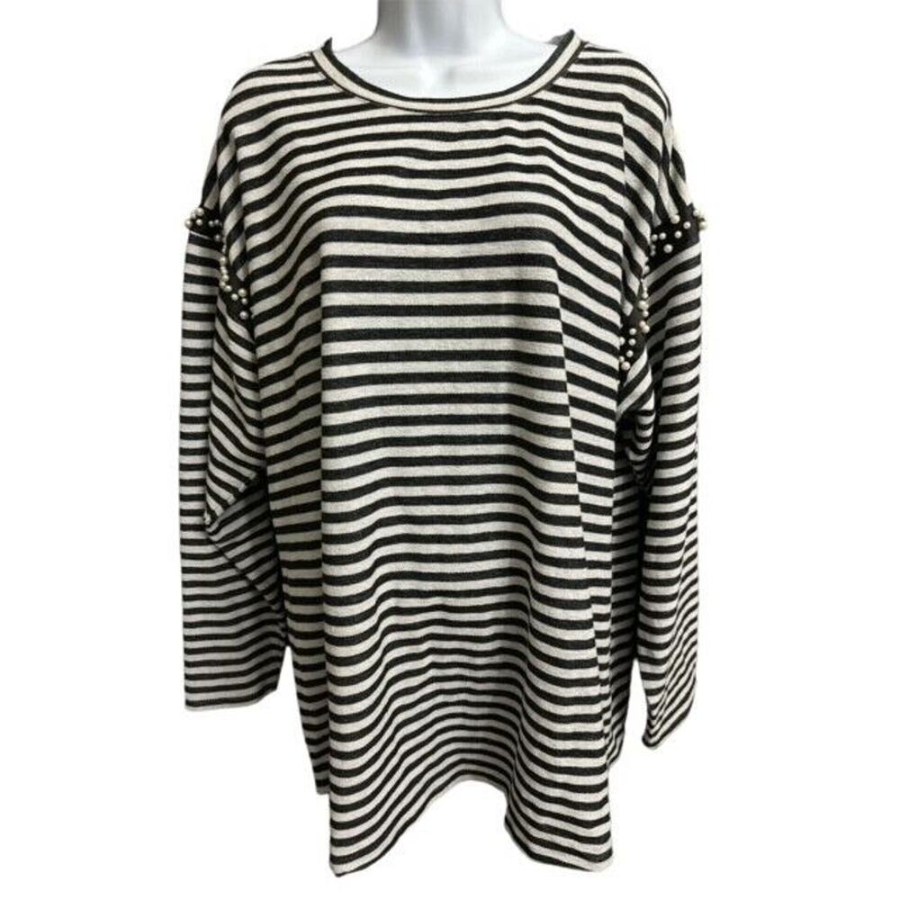 Lane Bryant 22/24 Top Blue Striped Woven French Terry Faux Pearls Drop Shoulders